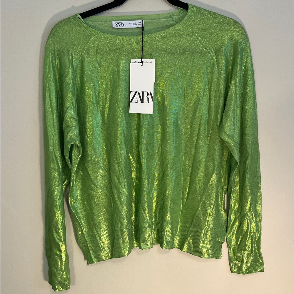 Zara Metallic Green Long Sleeve Top